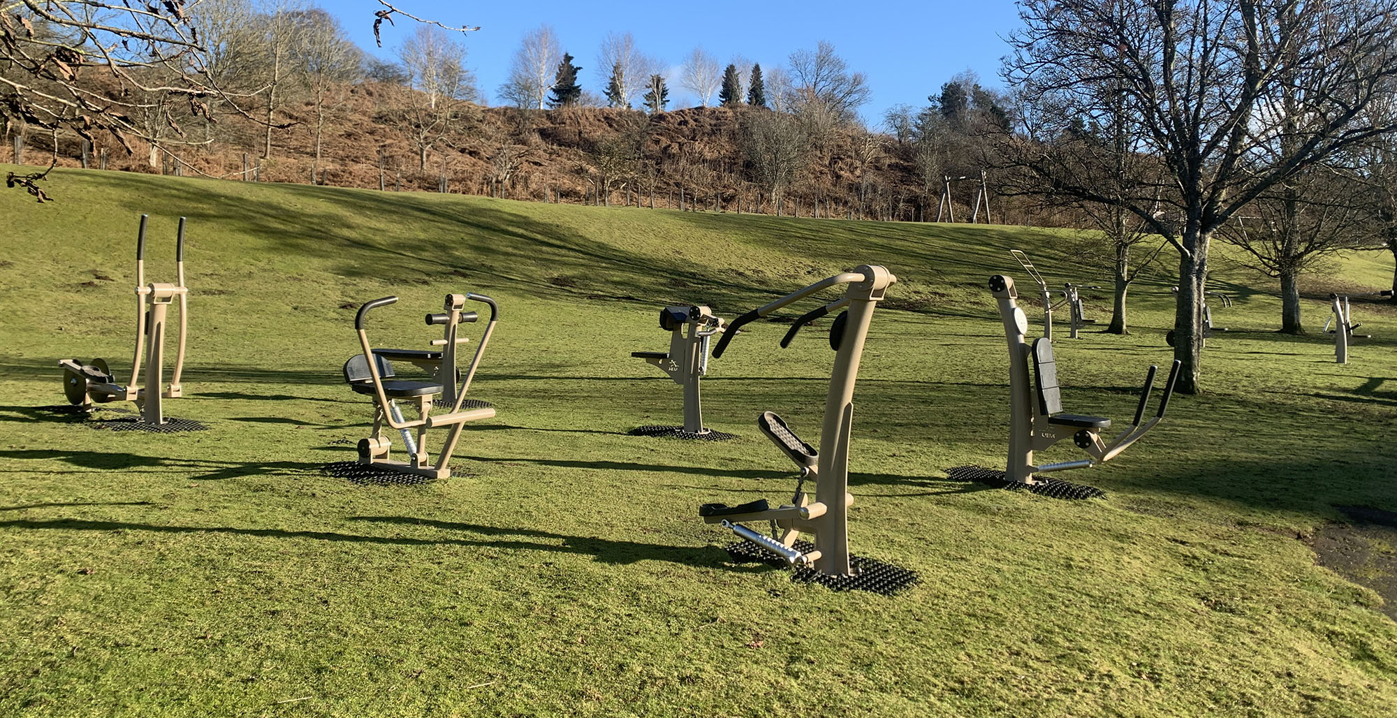 A number of different pieces of outdoor gym equipment on grass in a public park with trees in the distance.